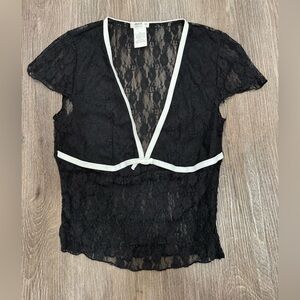 Ardene Black Lace Cap Sleeve Shirt With White Velvet Ribbon Details.